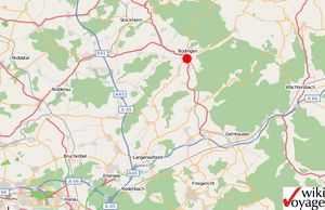 뷔딩겐의 주요 간선 도로. 파란색 선은 아우토반, 빨간색 선은 연방도.