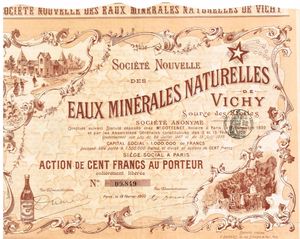 1900년 2월 19일 발행된 비시(프랑스)의 소시에테 누벨 데 조 미네랄 내츄럴 드 비시 주식