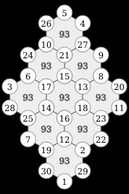 지수귀문도 예시. 각 육각형 둘레의 합은 93이다.