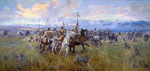 루이스와 클라크가 1805년 9월 4일 로스 홀에서 살리시를 만나는 모습.