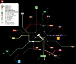로마 광역권의 대중 철도 교통 통합 지도. 로마 지하철과 교외 철도 서비스 FL 노선.
