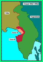 파리 조약(1947년)에 의한 베네치아 줄리아의 분할. 중앙의 녹색이 유고슬라비아 영토로 인정된 지역. 트리에스테 부근의 귀속은 미정.
