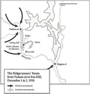 1950년 12월 1~2일 유담리에서 폭스 힐까지의 리의 경로