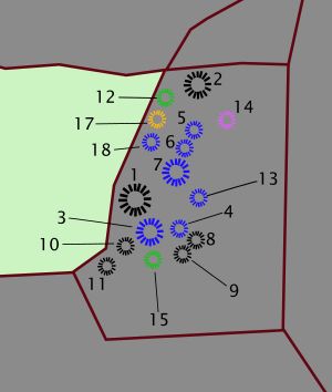 서튼후의 묘 17(주황색), 묘 14(보라색), 매장묘(녹색), 화장묘(파란색)