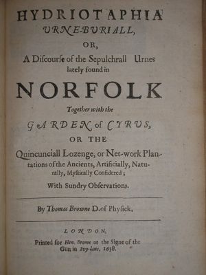 1658년 판 장례 항아리(Urn-Burial)와 키루스의 정원(The Garden of Cyrus)의 표지