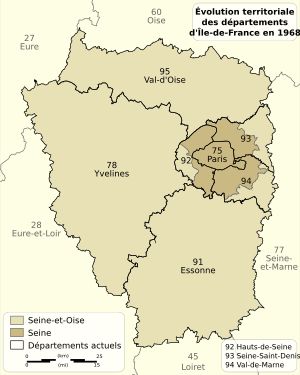 1968년 이전 센에우아즈주(갈색)와 센주(진한 갈색)의 경계를 보여주는 지도. 현재의 주 경계는 검은색으로 표시되어 있다.