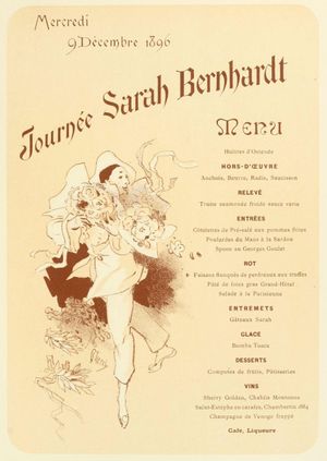 프랑스, 1896년 12월 9일. la journée Sarah Bernhardt (사라 베르나르의 연극 관람 및 식사회)의 메뉴.