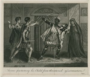 조셉 그레이브스의 『셰익스피어의 희곡에 기초한 드라마틱한 이야기』(1840)에 나오는 4막 2장에서 아론이 아들 키론과 데메트리우스를 보호하는 삽화