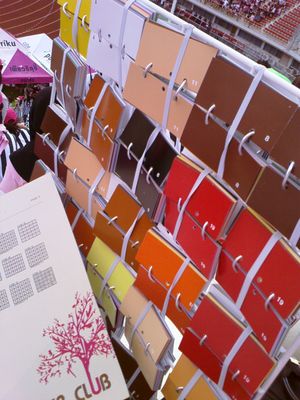 카드 스턴트 "판"의 색색의 카드 책자—수행자들은 상세한 전체 이미지를 얻기 위해 미리 디자인된 패턴에 따라 카드를 배열한다.