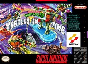 북미 SNES 커버 아트, 제목이 Teenage Mutant Ninja Turtles IV: Turtles in Time으로 변경되었다.