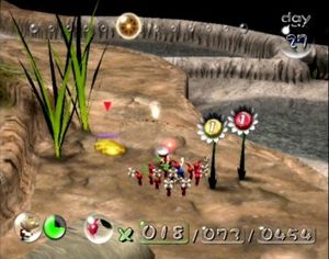 올리마, 피크민에 둘러싸여 피크민 양파(오니언)로 가져와 더 많은 피크민을 키울 수 있는 펠렛 포지(오른쪽) 옆에 서 있다.