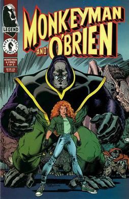 애덤스의 창작물인 Monkeyman and O'Brien #1 (1996년 7월) 표지. 다크 호스 코믹스의 레전드 임프린트에서 출판됨.