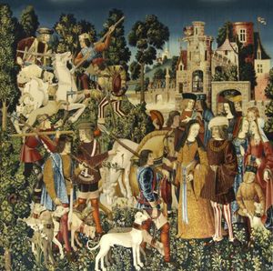 테피스트리 연작 일각수의 사냥(여기 그림은 6번: 일각수가 죽임을 당해 성으로 옮겨진다)는 황염료(노란색), 꼭두서니(빨간색), 대청(파란색)으로 염색되었다.