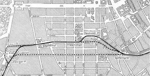 라이프지거 플라츠-슈피텔마르크트간 노선 계획. 검은색 실선은 실제 노선이다.