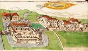 1577년의 대혜성과 페라라의 모습. 페라라의 경제는 1570년 지진으로 인해 붕괴되었다.