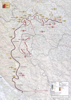 1991년 10~12월 사이 크로아티아 전쟁의 전선 지도. 고스피치 전투로 고스피치 남쪽에 두터운 돌출부가 형성되었다.