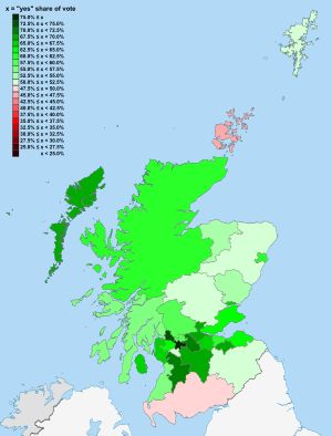 스코틀랜드 의회 과세 권한 부여 찬반 지역별 결과도