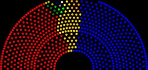 2010년 총선 결과에 따른 영국 서민원 의석분포도. 어느 정당도 과반을 차지하지 못했다.