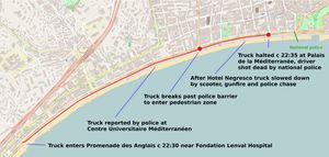 프롬나드 데 장글레를 따라 공격 경로가 표시된 지도