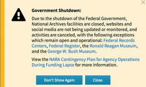 국립 문서 기록 관리청 웹사이트 셧다운 메시지