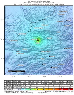 미국 지질조사국(USGS)에서 분석한 각 지역별 최대진도를 그린 지도