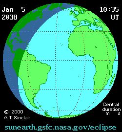 2038년 1월 5일 일식의 애니메이션 경로