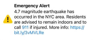 지진 발생 40분 후 발송되었던 무선 긴급 경보(WEA)의 모습