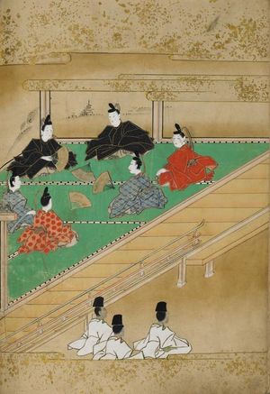 그림 맞추기에서, 『겐지 이야기』 그림 속 미녀에게 첫눈에 반하는 손량 친왕. 그림책 『신곡』(에도 시대 전기)에서. 메이세이 대학 소장.