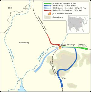 1928년 4월부터 5월 사이 국민혁명군, 일본군 및 북양군의 이동 경로.