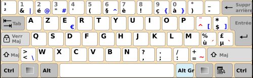 벨기에 프랑스어권 AZERTY 배열. 키 표기는 네덜란드어권과 동일하다.