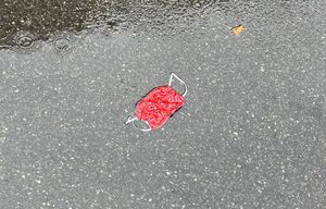 길거리에 버려진 COVID-19 마스크. 팬데믹 기간 동안 공공 수로와 공공 장소에서 마스크와 같은 플라스틱 제품과 기타 폐기물이 크게 증가했다.