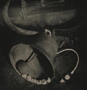 호스로 기계에 연결된 종의 흑백 사진