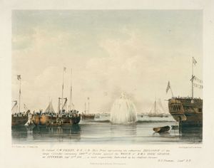 1839년 9월 23일 잔해에 대한 2,300 파운드의 화약이 담긴 대형 실린더의 잠수 폭발