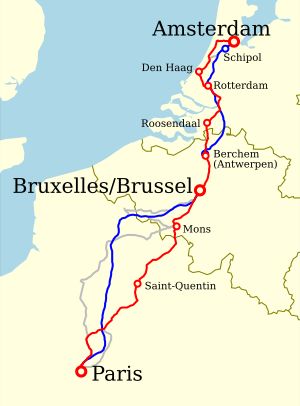 유럽의 고속철도 기술 도입 전(빨간색)과 후(파란색)의 파리와 암스테르담 간 노선