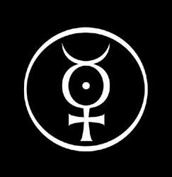 White symbol inside a white circle on a black background