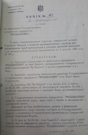 벨치 항공 회사 및 에어 몰도바를 기반으로 벨치에 국영 기업 Moldaeroservice 설립에 관한 1994년 9월 17일자 명령 제79호.