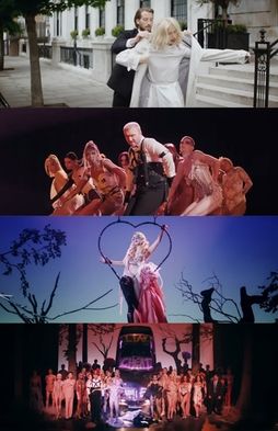 "Unholy"의 뮤직 비디오 장면들. 위에서부터 시계 방향: 차에서 내린 아내에게 코트를 입혀주는 남편; 중성적인 백댄서들과 춤추는 스미스; 하트 모양 링 안의 페트라스; 아내를 포함한 출연진이 남편 옆에서 절하는 모습.