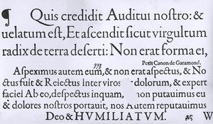 콘라트 베르너가 1592년에 제작한 견본. 대부분 프랑스 서체이며, 맨 위 서체는 가라몽의 그로 카농, 그 아래 서체는 로베르 그랑종의 것이다.