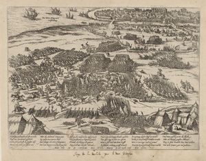 라 로셸 포위전 (1572–1573)의 독일 판화. 배경에 도시가 보이고, 왼쪽 상단에 몽고메리의 함대가 있다.