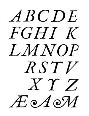 그랑종이 조각한 이탤릭 대문자. 추가적인 스와시 'A'와 'M' 포함