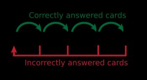 라이트너 시스템에서 정답을 맞춘 카드는 다음 단계의 덜 빈번한 상자로 이동하고, 오답 카드는 더 집중적인 복습과 반복을 위해 첫 번째 상자로 돌아갑니다.
