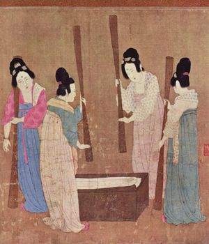 A painted image of four Chinese women wearing colourful silk robes, their hair tied up into buns, standing around a small wooden block with silk laid on top while holding large whisks which they use to beat the silk