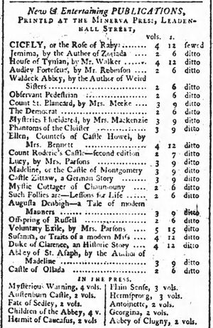 미네르바 출판사는 1795년 10월 런던에서 고딕 소설을 포함한 새로운 출판물을 알렸다.