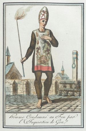 18세기 프랑스 스케치로 고아 종교재판소에 의해 산 채로 화형당하는 남자를 묘사하고 있다.
