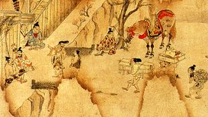 분코데라 연기 그림 두루마리 제3단 카와치 국의 장자를 방문한 동자(실은 천수관음의 화신)