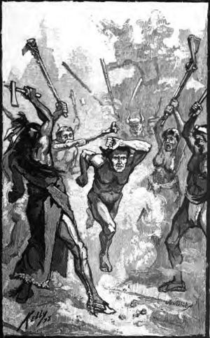 쇼니족 전사들 사이에서 곤틀릿 형벌을 받는 포로