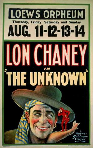 The Unknown (1927) 로비 포스터. 론 채니가 "팔 없는 알론조" 역을 맡았으며, "코조" (존 조지)가 손바닥 위에 있다.