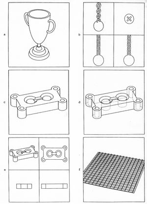 광선 투사로 만든 선 그림의 예. 두 개는 표준 평면도이다. 하나는 숨겨진 가장자리를 점선으로 보여준다.