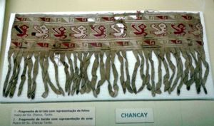 페루 찬카이 문화의 새를 묘사한 직물 조각. 솔의 와카, 후기