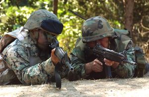 미 해병대원은 새로운 디지털 패턴을 착용하고 있고, 칠레 해병대원은 구형 우드랜드 패턴을 착용하고 있다.